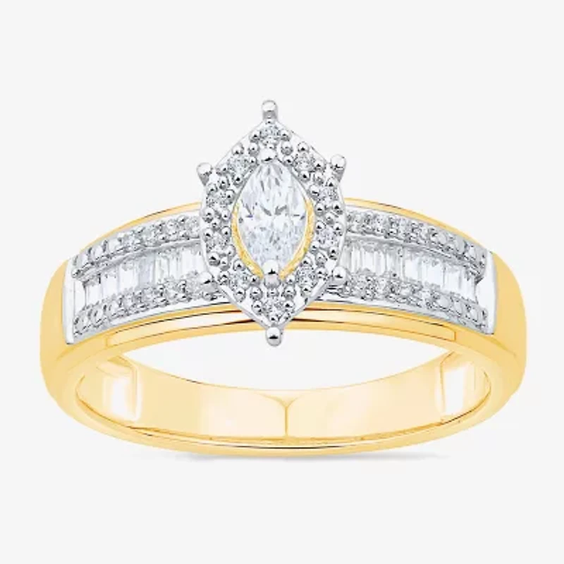 Womens 3/4 CT. T.W. Natural White Diamond 10K Two Tone Gold Marquise Side Stone Halo Bridal Set