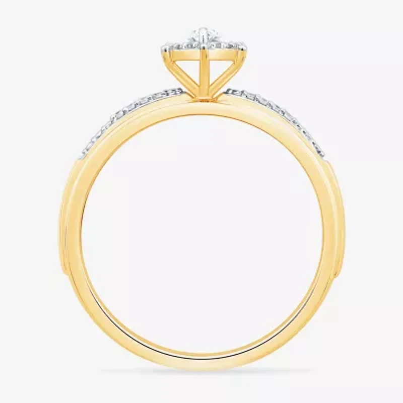 Womens 3/4 CT. T.W. Natural White Diamond 10K Two Tone Gold Marquise Side Stone Halo Bridal Set