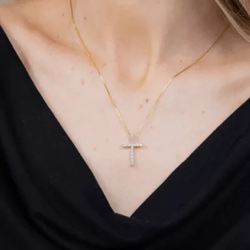 H-I / I1) Womens 1/2 CT. T.W. Lab Grown White Diamond 10K Gold Cross 18 Inch Pendant Necklace