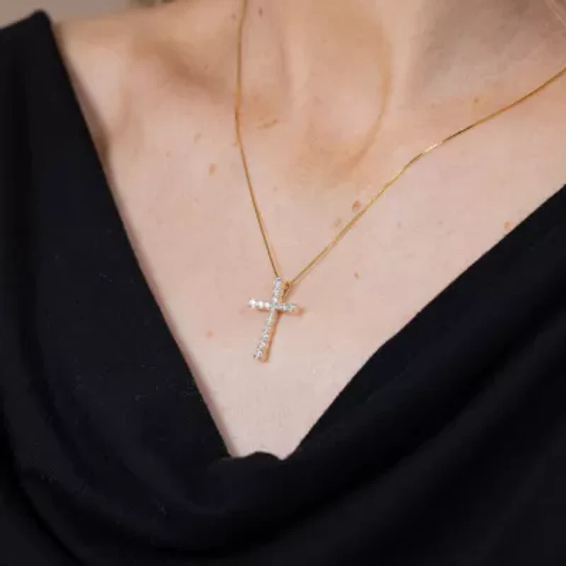 H-I / I1) Womens 1/2 CT. T.W. Lab Grown White Diamond 10K Gold Cross 18 Inch Pendant Necklace