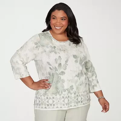Alfred Dunner Vintage Charm Womens Plus Crew Neck 3/4 Sleeve T-Shirt