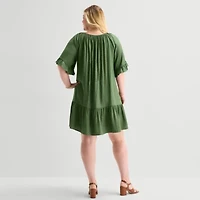 Robbie Bee Womens Plus Keyhole Neck Short Sleeve Shift Dress