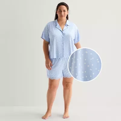 Ambrielle Womens V-Neck Short Sleeve 2-pc. Plus Pajama Set