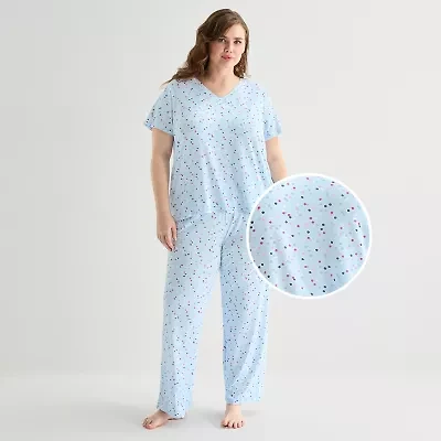 Jaclyn Womens V-Neck Short Sleeve 2-pc. Plus Pajama Set