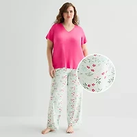 Jaclyn Womens V-Neck Short Sleeve 2-pc. Plus Pajama Set