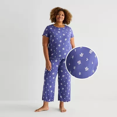 Jaclyn Womens Crew Neck Short Sleeve 2-pc. Plus Pajama Set