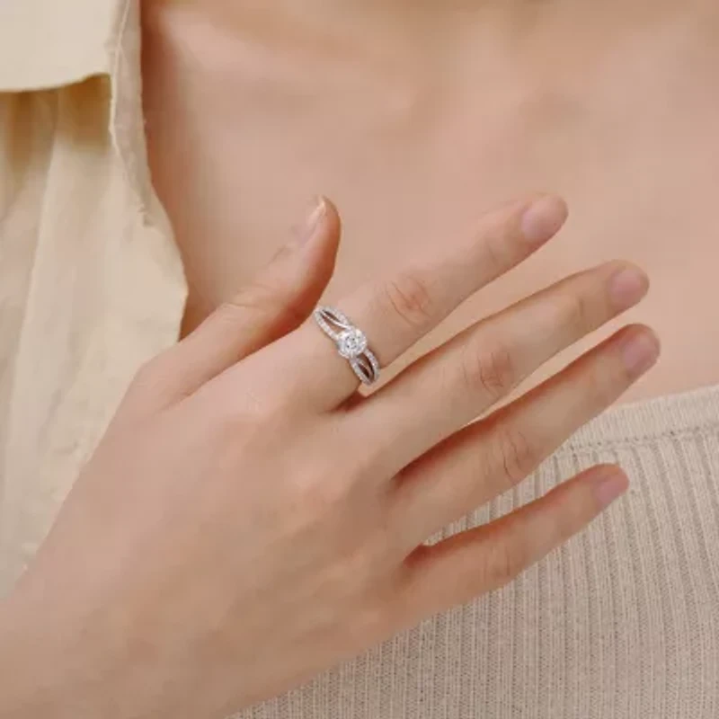 Diamonart Womens Cubic Zirconia Sterling Silver Round Crossover Side Stone Promise Ring