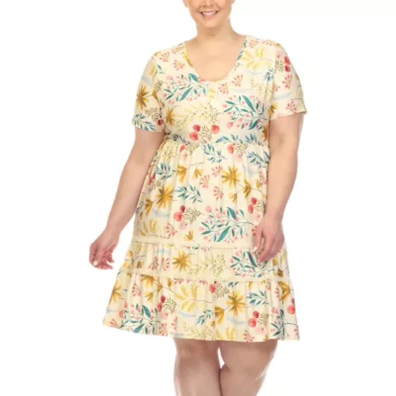 White Mark Womens Short Sleeve Floral Plus Fit + Flare Dress