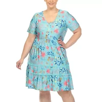 White Mark Womens Plus Short Sleeve Floral Fit + Flare Dress