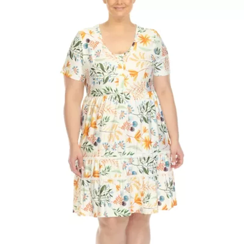 White Mark Womens Plus Short Sleeve Floral Fit + Flare Dress
