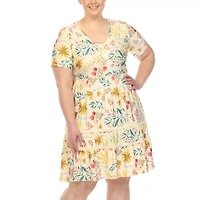 White Mark Womens Plus Short Sleeve Floral Fit + Flare Dress