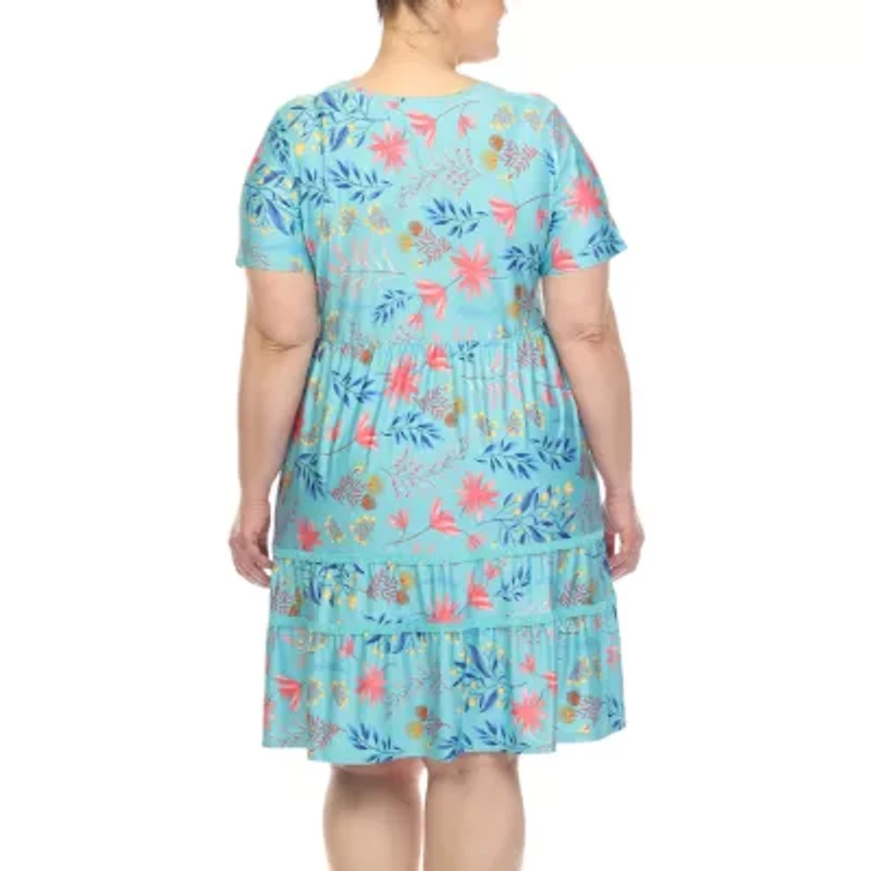 White Mark Womens Plus Short Sleeve Floral Fit + Flare Dress