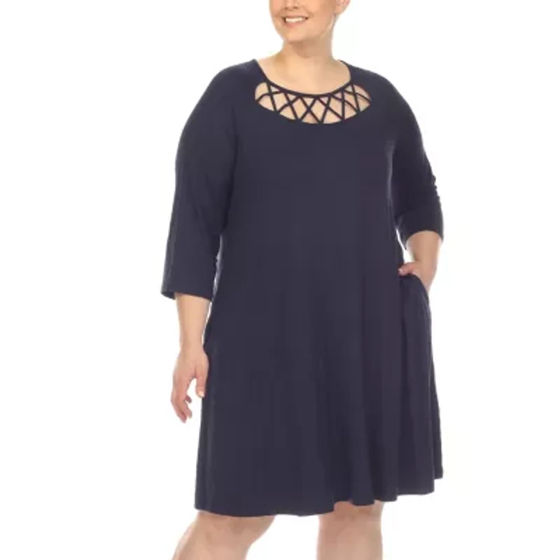 White Mark Womens Plus 3/4 Sleeve Swing Dresses