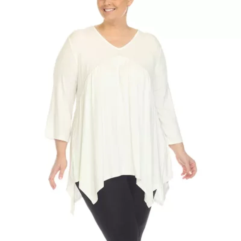 White Mark Plus Womens V Neck 3/4 Sleeve Tunic Top