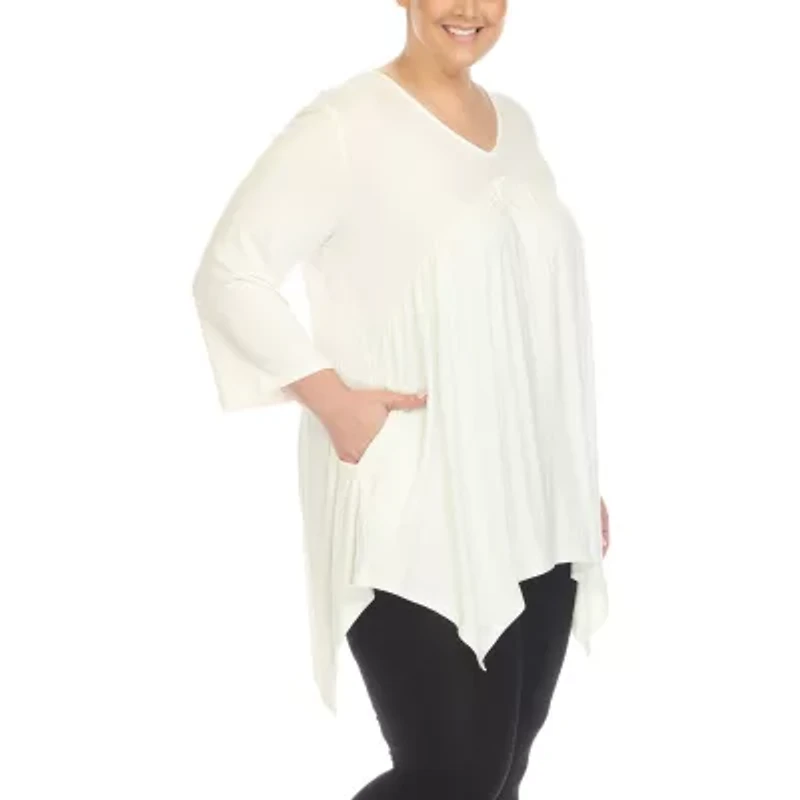 White Mark Plus Womens V Neck 3/4 Sleeve Tunic Top