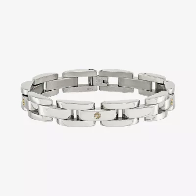 Mens 14K White Gold Stainless Steel 8 1/2 Inch Link Chain Bracelet
