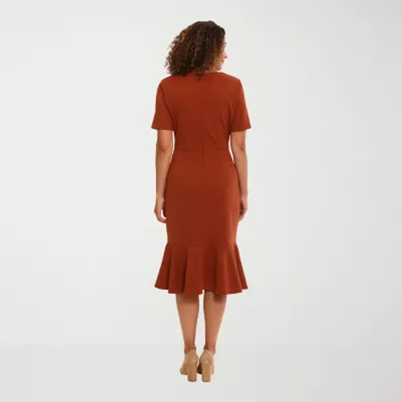 London Times Womens Short Sleeve Midi Fit + Flare Dress