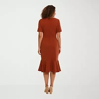 London Times Womens Short Sleeve Midi Fit + Flare Dress