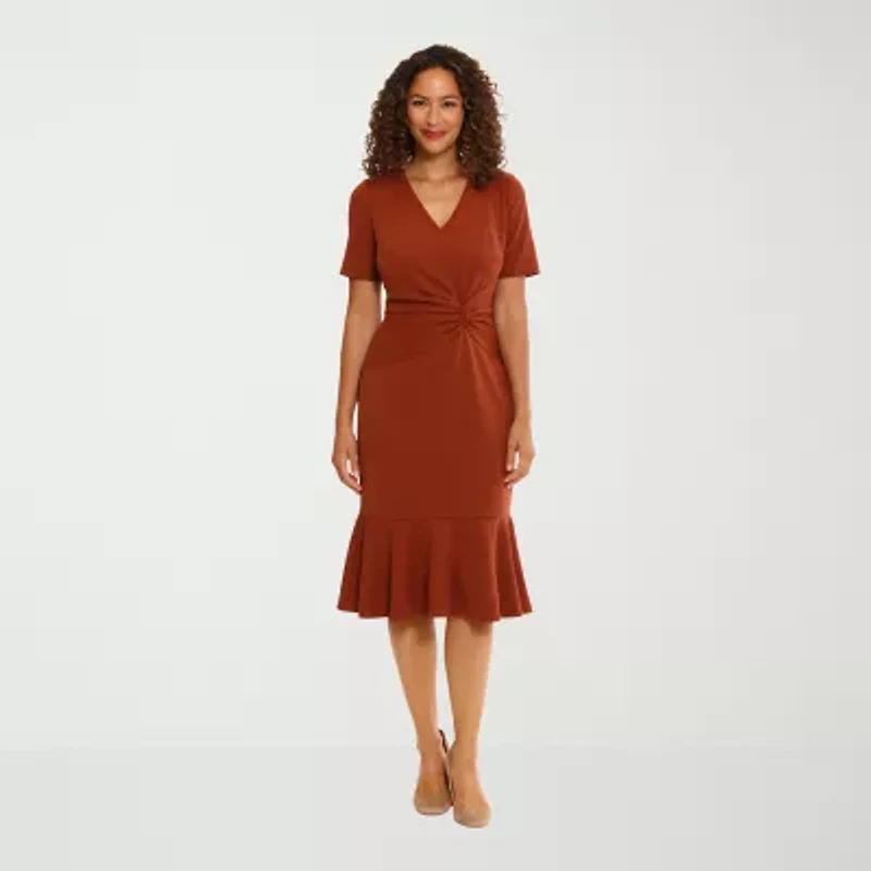 London Times Womens Short Sleeve Midi Fit + Flare Dress