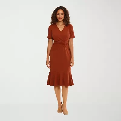 London Times Womens Short Sleeve Midi Fit + Flare Dress