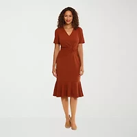 London Times Womens Short Sleeve Midi Fit + Flare Dress