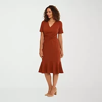 London Times Womens Short Sleeve Midi Fit + Flare Dress