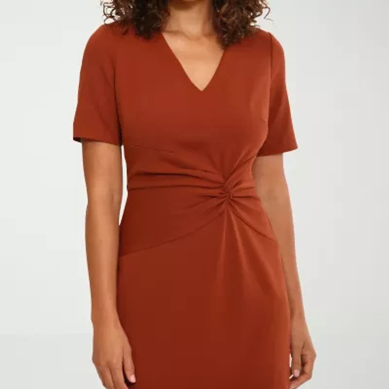 London Times Womens Short Sleeve Midi Fit + Flare Dress