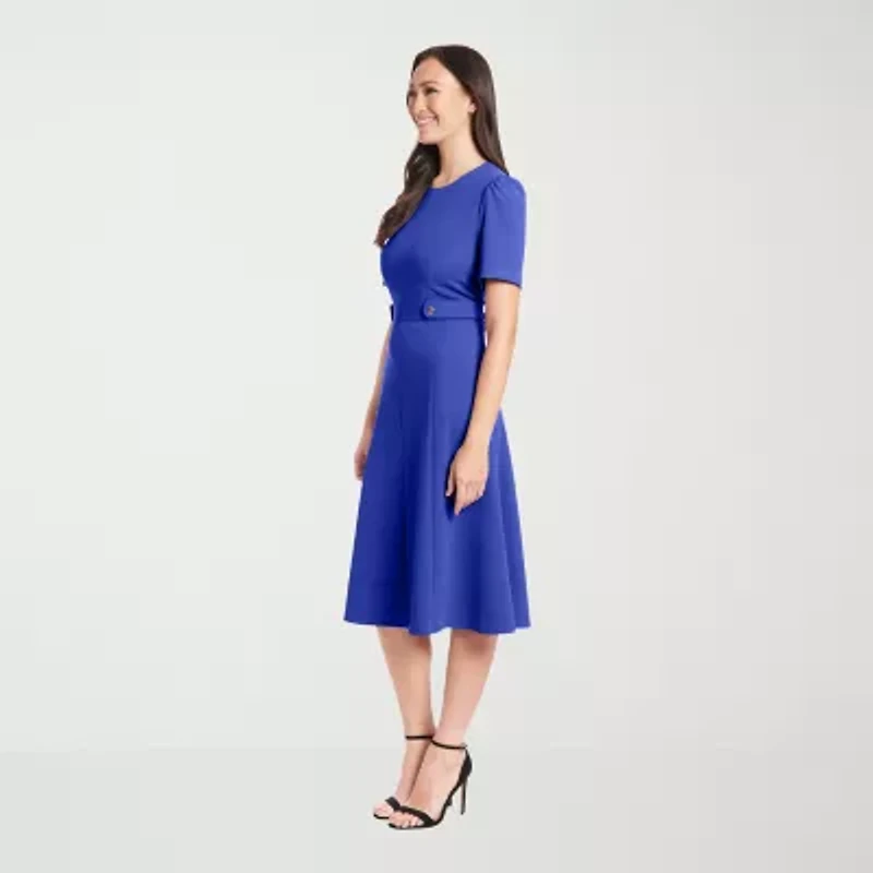 London Times Womens Short Sleeve Fit + Flare Dress