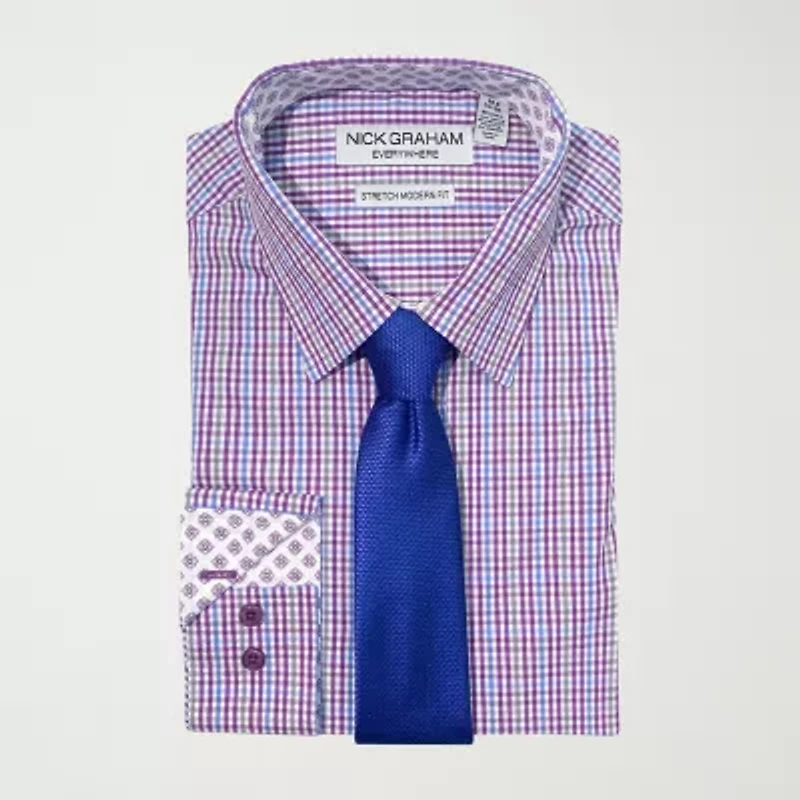 Nick Graham Mens Spread Collar Long Sleeve Shirt + Tie Set