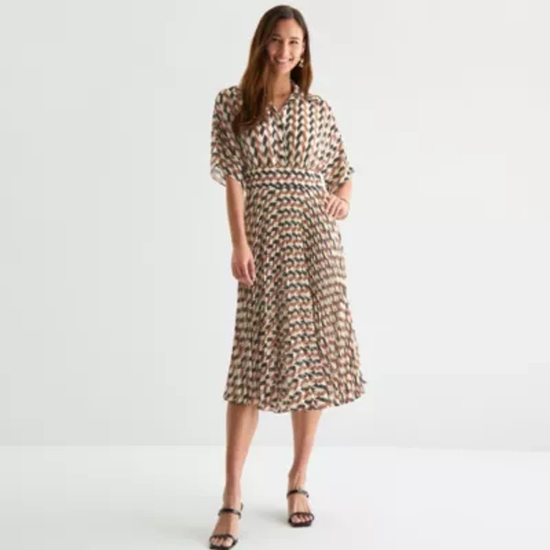 Melonie T Womens Short Sleeve Geometric Midi Fit + Flare Dress