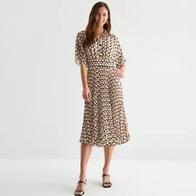 Melonie T Womens Short Sleeve Geometric Midi Fit + Flare Dress