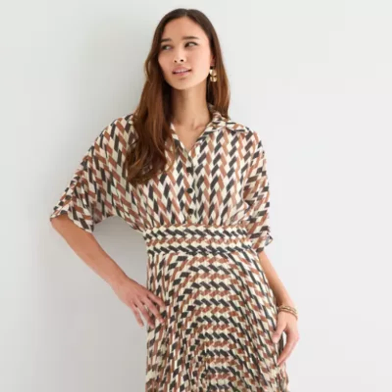 Melonie T Womens Short Sleeve Geometric Midi Fit + Flare Dress