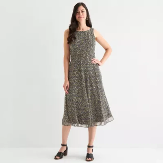 perceptions sleeveless floral midi fit flare dress Home