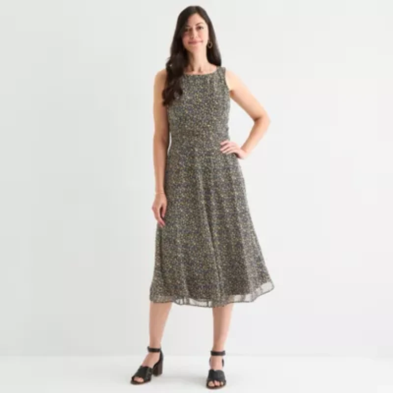 Perceptions Womens Sleeveless Floral Midi Fit + Flare Dress