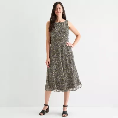 Perceptions Womens Sleeveless Floral Midi Fit + Flare Dress