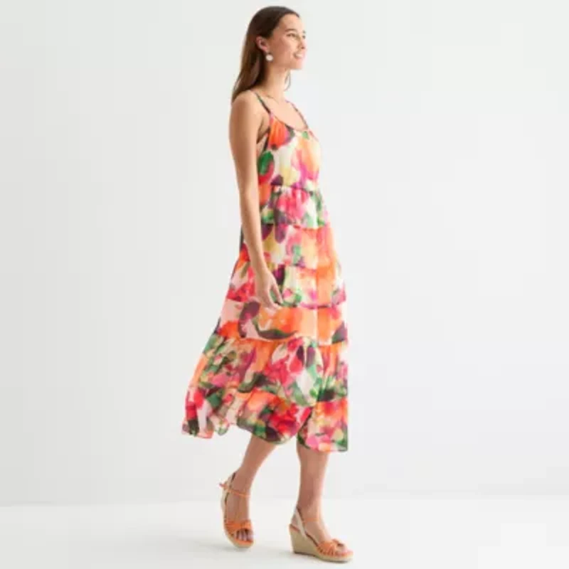 Robbie Bee Womens Sleeveless Floral Midi Fit + Flare Dress