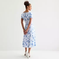 Perceptions Womens Short Sleeve Paisley Midi Fit + Flare Dress