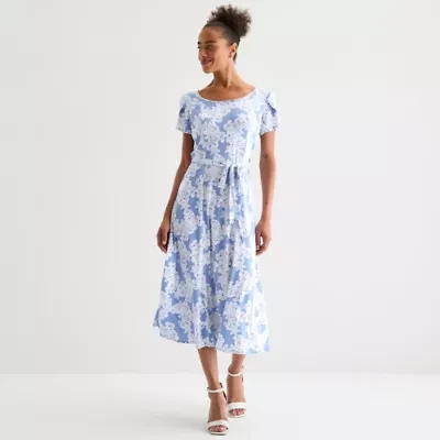 Perceptions Womens Short Sleeve Paisley Midi Fit + Flare Dress