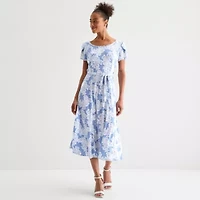 Perceptions Womens Short Sleeve Paisley Midi Fit + Flare Dress