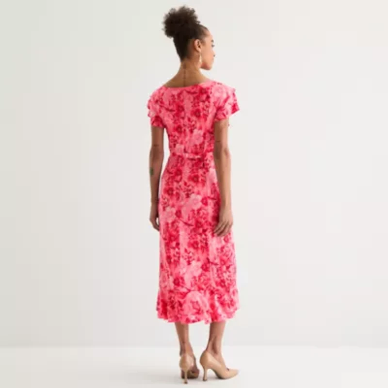 Perceptions Womens Short Sleeve Floral Midi Fit + Flare Dress