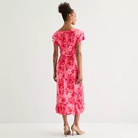 Perceptions Womens Short Sleeve Floral Midi Fit + Flare Dress
