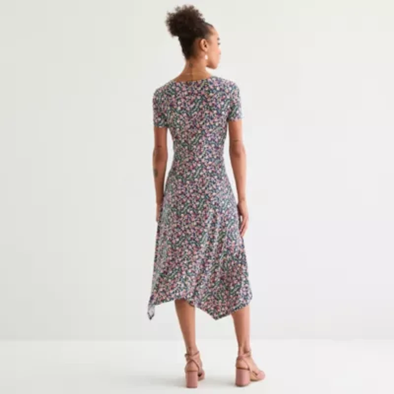 Perceptions Womens Short Sleeve Floral Midi Fit + Flare Dress