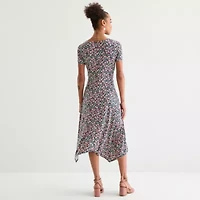Perceptions Womens Short Sleeve Floral Midi Fit + Flare Dress