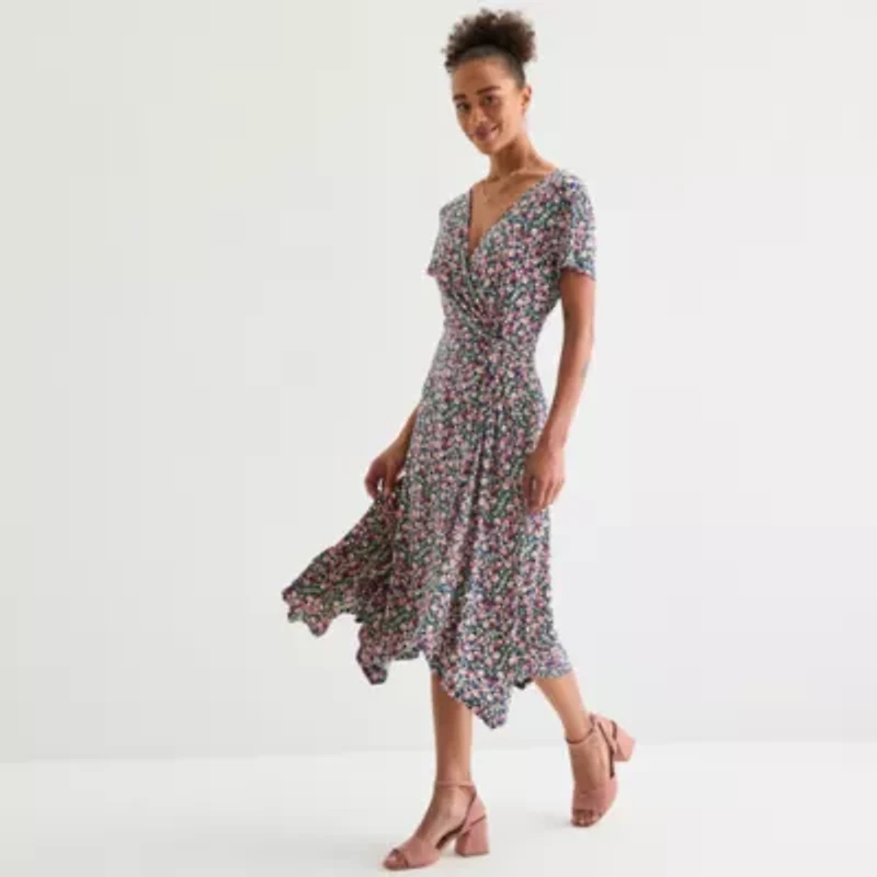 Perceptions Womens Short Sleeve Floral Midi Fit + Flare Dress