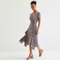Perceptions Womens Short Sleeve Floral Midi Fit + Flare Dress