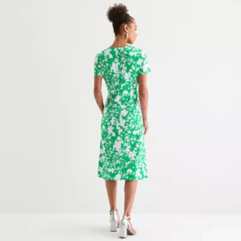 Perceptions Womens Short Sleeve Floral Midi Fit + Flare Dress