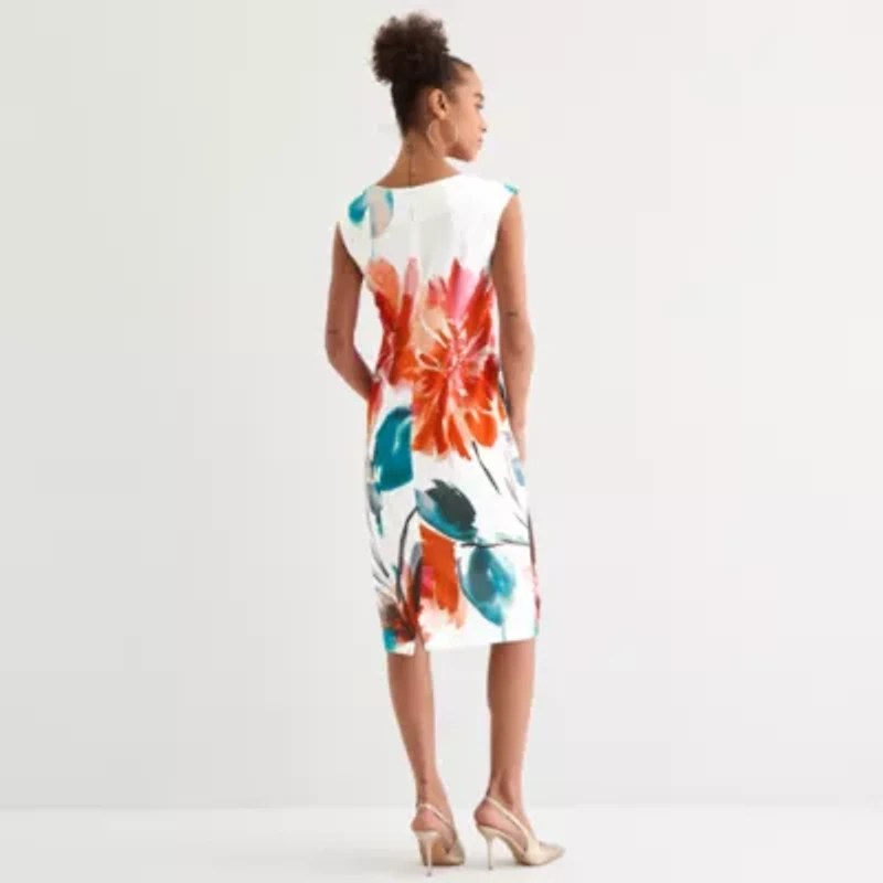 Maya Brooke Womens Short Sleeve Floral Sheath Dress