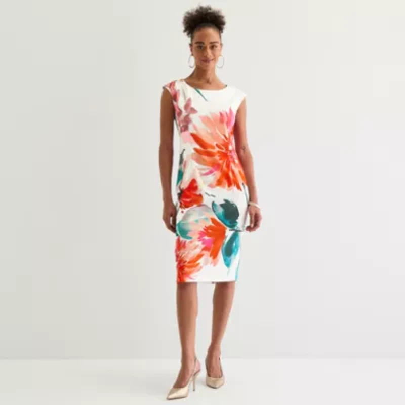 Maya Brooke Womens Short Sleeve Floral Sheath Dress