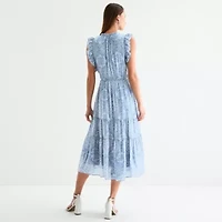 Sandra Darren Womens Short Sleeve Floral Midi Fit + Flare Dress