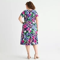 Perceptions Womens Short Sleeve Floral Midi Plus Fit + Flare Dress